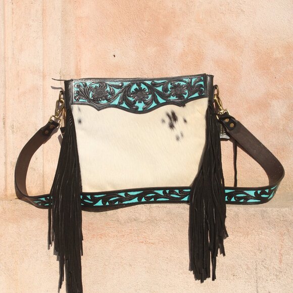 Western Fringe Purse, Tooled Cowhide Tote Bag with Detachable Crossbody Strap - Picture 5 of 11